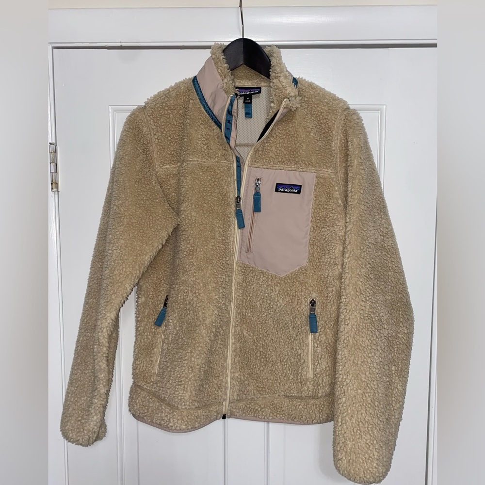 Patagonia Classic Retro-X Beige Fleece Jacket with Teal Accents, MEDIUM